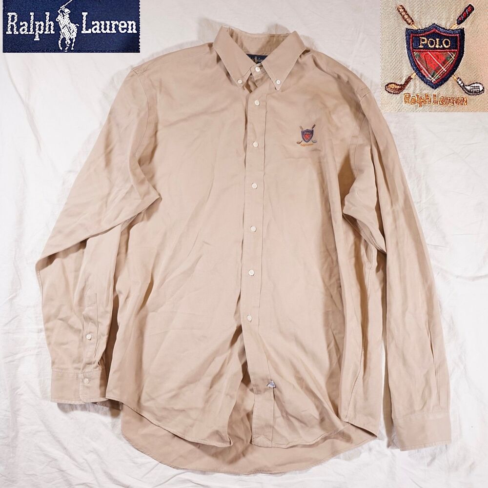 Polo Ralph Lauren Vintage Button Up Shirt 70s 80s Golf Shield Logo Tan Beige XL